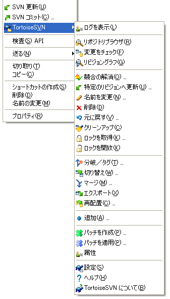 バージョン管理下のディレクトリに対するコンテキストメニュー